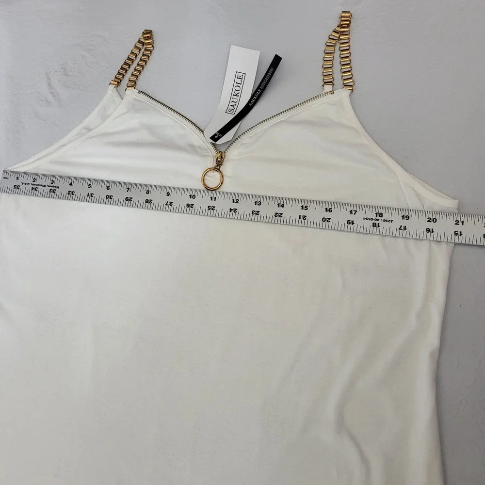 White Chain Strap V Neck Zip Front Camisole Tank Top Women XL Glam Chic Party - Picture 6 of 9